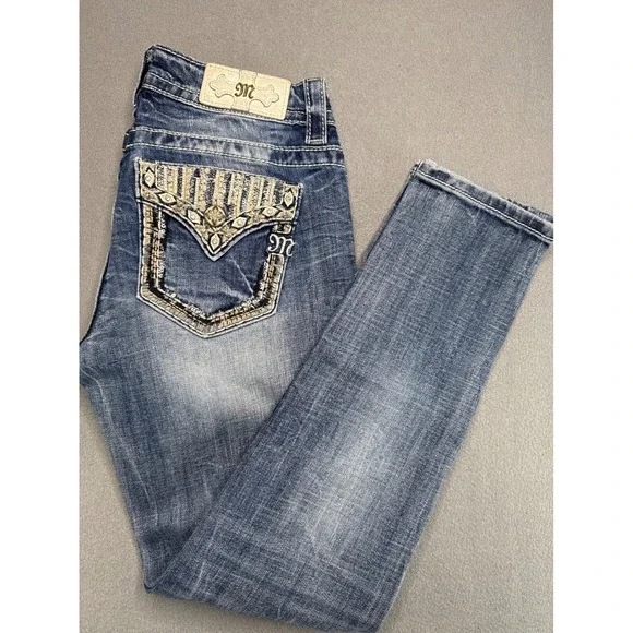 Miss Me Jeans Women 27 Blue MP7299S Mid-Rise Skinny Embellished Flap Pocket - Picture 1 of 16